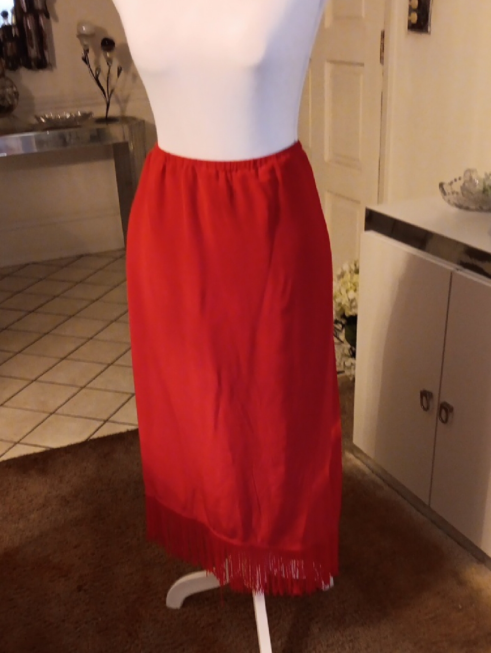 Elegant Red Fringe Midi Skirt 100 Percent Silk Lined